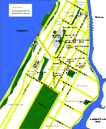Map of Harlem, neighborhood in northern Manhattan, NYC