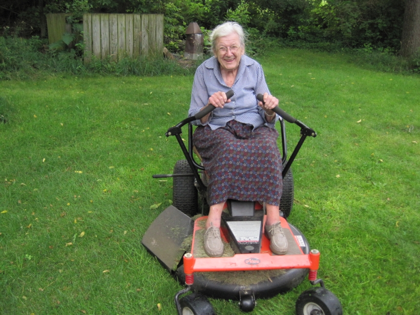 Aunt Ruthie age 89 mowing an acre of lawn