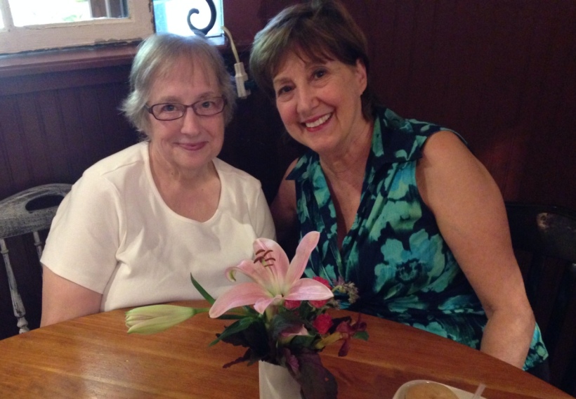 Gladys and Marian having early supper at Blue Rooster in Waynesville, NC before elk-spotting 
