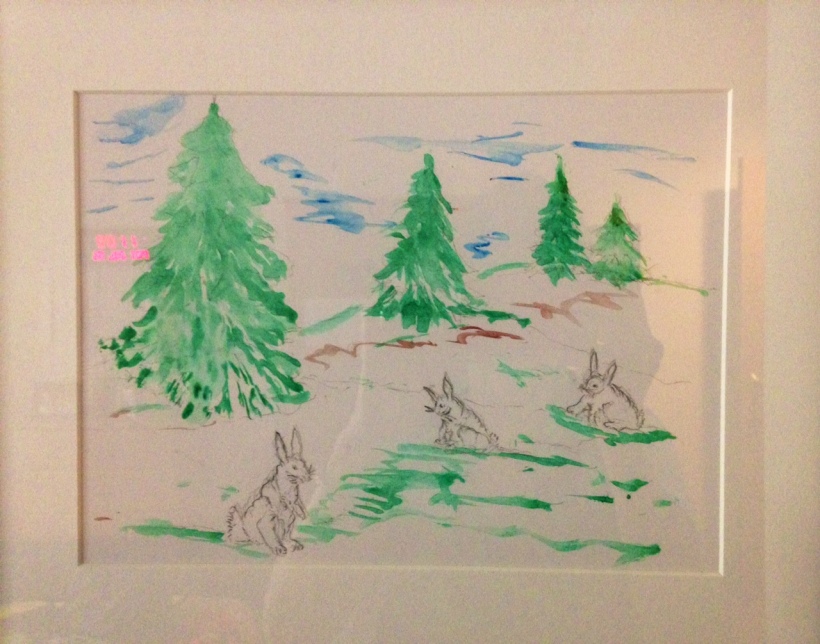 Bunnies with trees - neon image a reflection of wall date/time reminder