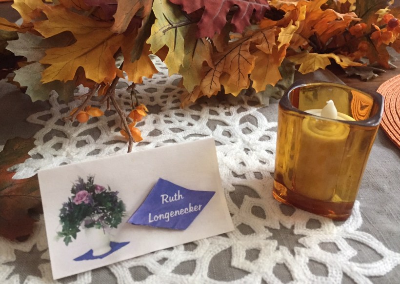 Now a fixture on our table: Place card from wedding of Mother's niece, Janet Metzler